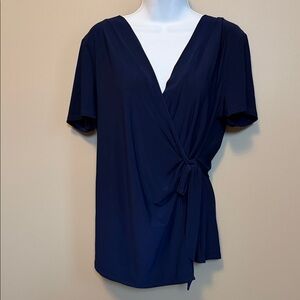 Gilli XL Navy Wrap Tie Short Sleeve Blouse